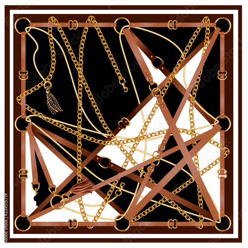 Design scarf with belts, chain and braid for fabric. Vector.