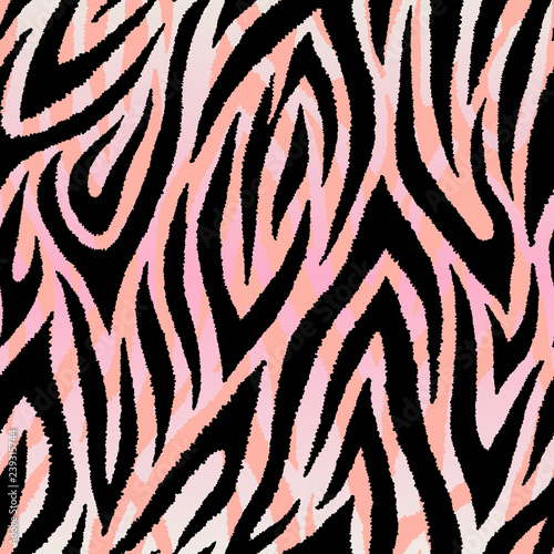 Seamless pattern with zebra fur print. Colorful wild animalistic texture. Detailed hand-drawn vector wallpaper.