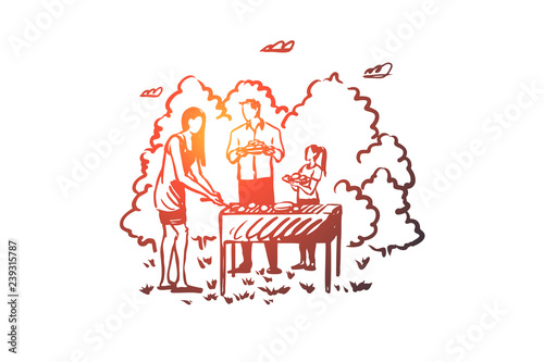 Barbecue, family, grill, bbq, food concept. Hand drawn isolated vector.
