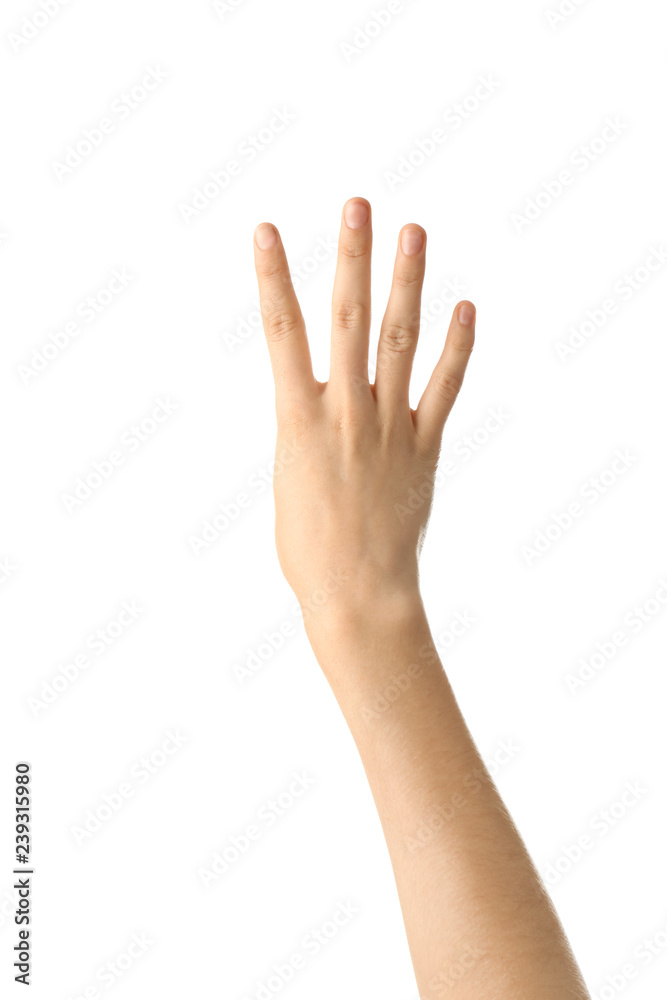 Female hand showing four fingers on white background Female hand showing four fingers on white background