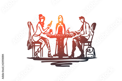 Lunch, food, dinner, meal, people concept. Hand drawn isolated vector.