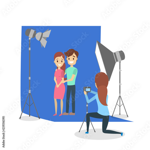 Beautiful woman and man couple making photoshoot
