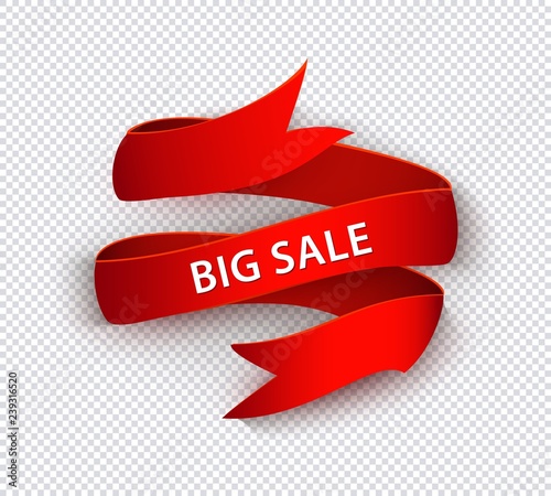 Vector flat red ribbon embracing invisible sphere. Spiral curved ribbon big sale inscription, abstract decoration for marketing compaign advertising decoration Geometric isolated illustration.