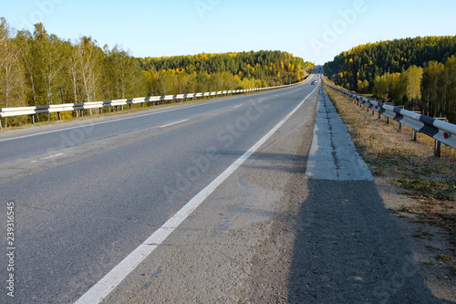 the road going away into the distance, on the right side of the fence and coniferous