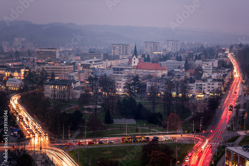Evening autumn view on Cityscape of the Zlin, Czech Republic, Europe with colorful lights from car taken from former industrial and curent Administrative Building No. 21