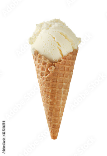 Waffle cone with delicious ice cream on white background