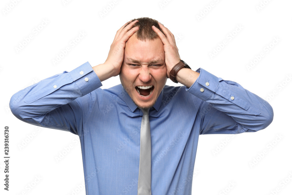 Businessman having panic attack on white background Businessman having panic attack on white background