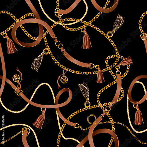 Seamless pattern with belts, chain and braid for fabric design. Vector.