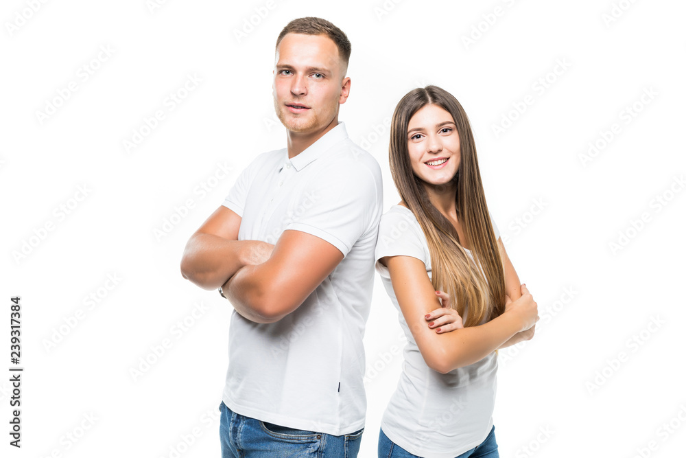 Portrait of smiling beautiful couple isolated on white background Portrait of smiling beautiful couple isolated on white background