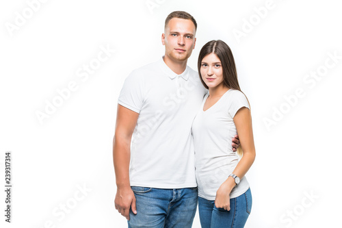 Portrait of happy couple isolated on white background.