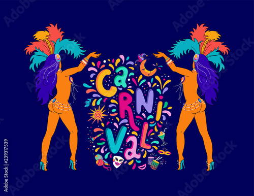 Vector Hand drawn Carnaval Lettering. Carnival Title With Colorful Party Elements, confetti and brasil samba dansing