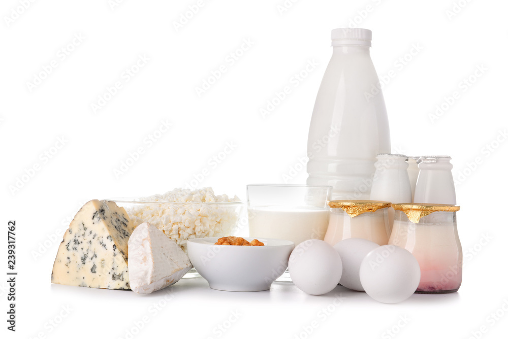 Different milk products with eggs on white background Different milk products with eggs on white background