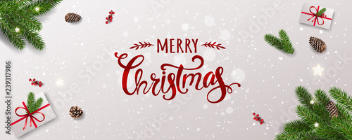 Merry Christmas Typographical on white background with tree branches, berries, gift boxes, stars, pine cones. Xmas and New Year theme. Vector Illustration