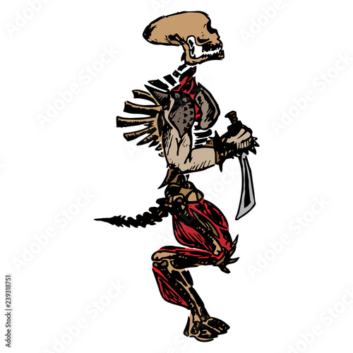 Skeleton with a sword. Sketch of an unusual skeleton. Extruded skull. Vector illustration. Hand drawn. © Eugene
