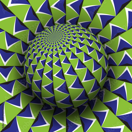 Optical illusion vector illustration. Blue green patterned sphere soaring above the same surface.