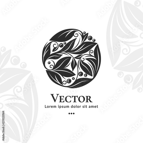 Black leaf emblem. Elegant, classic elements. Can be used for jewelry, beauty and fashion industry. Great for logo, monogram, invitation, flyer, menu, brochure, background, or any desired idea.