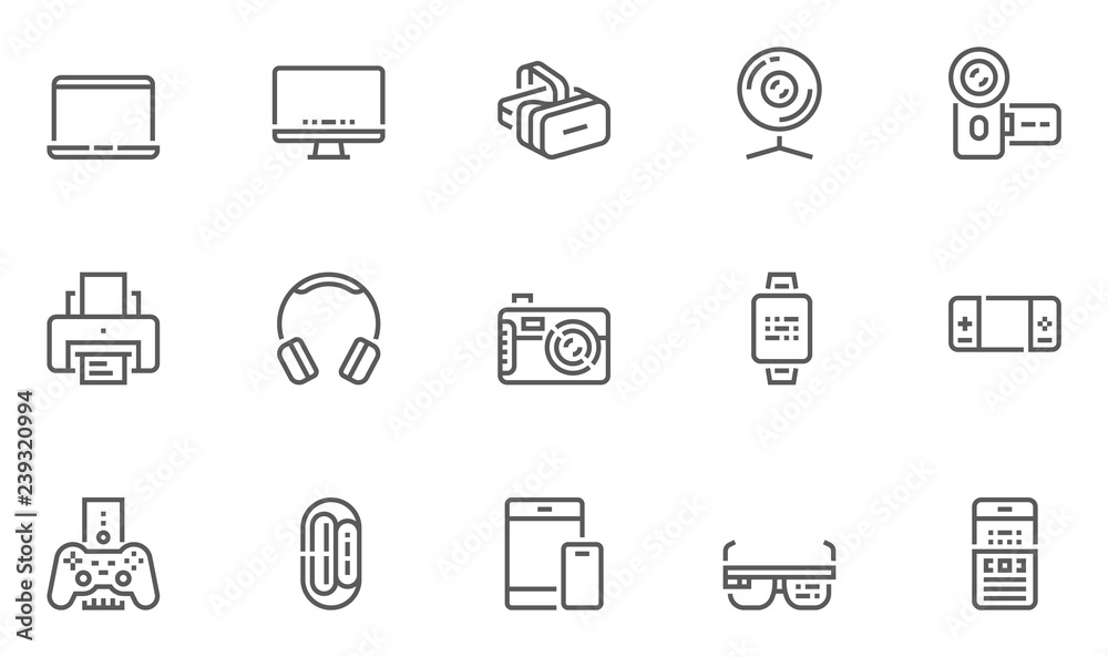 Electronic Devices Vector Line Icons Set. Compact Personal Computer, Smartphone, Smart Watch, Camcorder, Gadgets for Mobile Calls, Communication ang Gaming. Editable Stroke. 48x48 Pixel Perfect. Electronic Devices Vector Line Icons Set. Compact Personal Computer, Smartphone, Smart Watch, Camcorder, Gadgets for Mobile Calls, Communication ang Gaming. Editable Stroke. 48x48 Pixel Perfect.