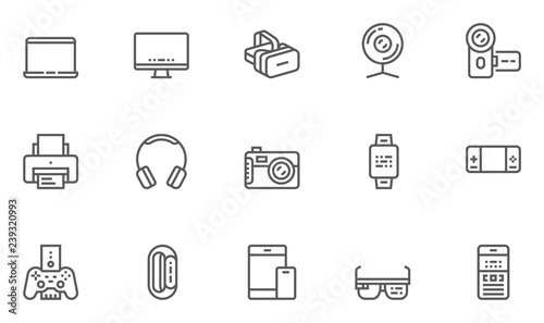 Electronic Devices Vector Line Icons Set. Compact Personal Computer, Smartphone, Smart Watch, Camcorder, Gadgets for Mobile Calls, Communication ang Gaming. Editable Stroke. 48x48 Pixel Perfect.