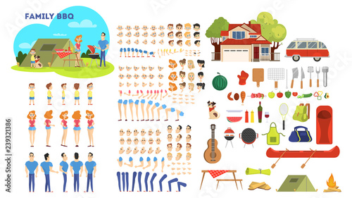 Family character on barbeque set for animation