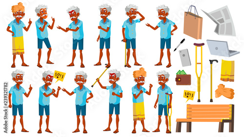 Indian Old Man Poses Set Vector. Elderly People. Hindu. Asian. Senior Person. Aged. Cheerful Grandparent. Presentation, Invitation, Card Design. Isolated Cartoon Illustration