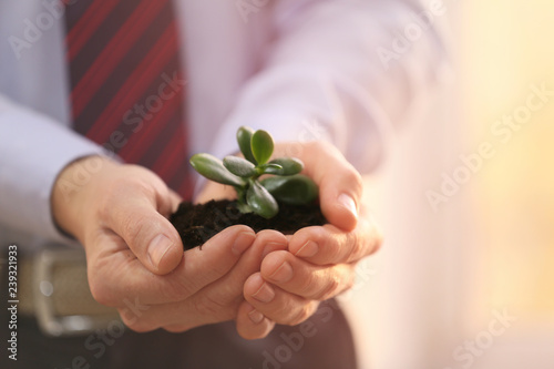 Businessman holding green s...