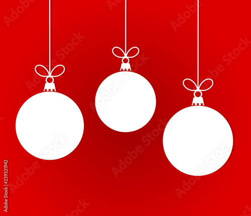 White Christmas hanging baubles on red background.