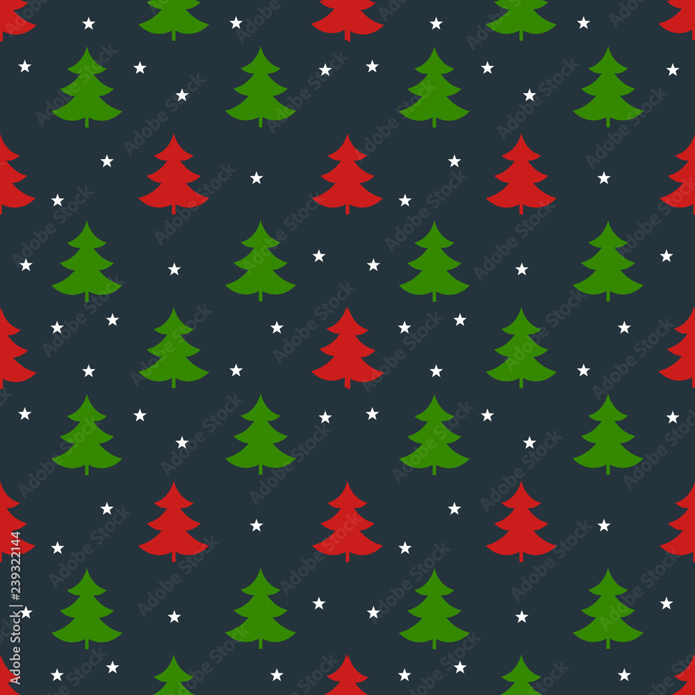 Red and green Christmas trees on dark blue background seamless pattern