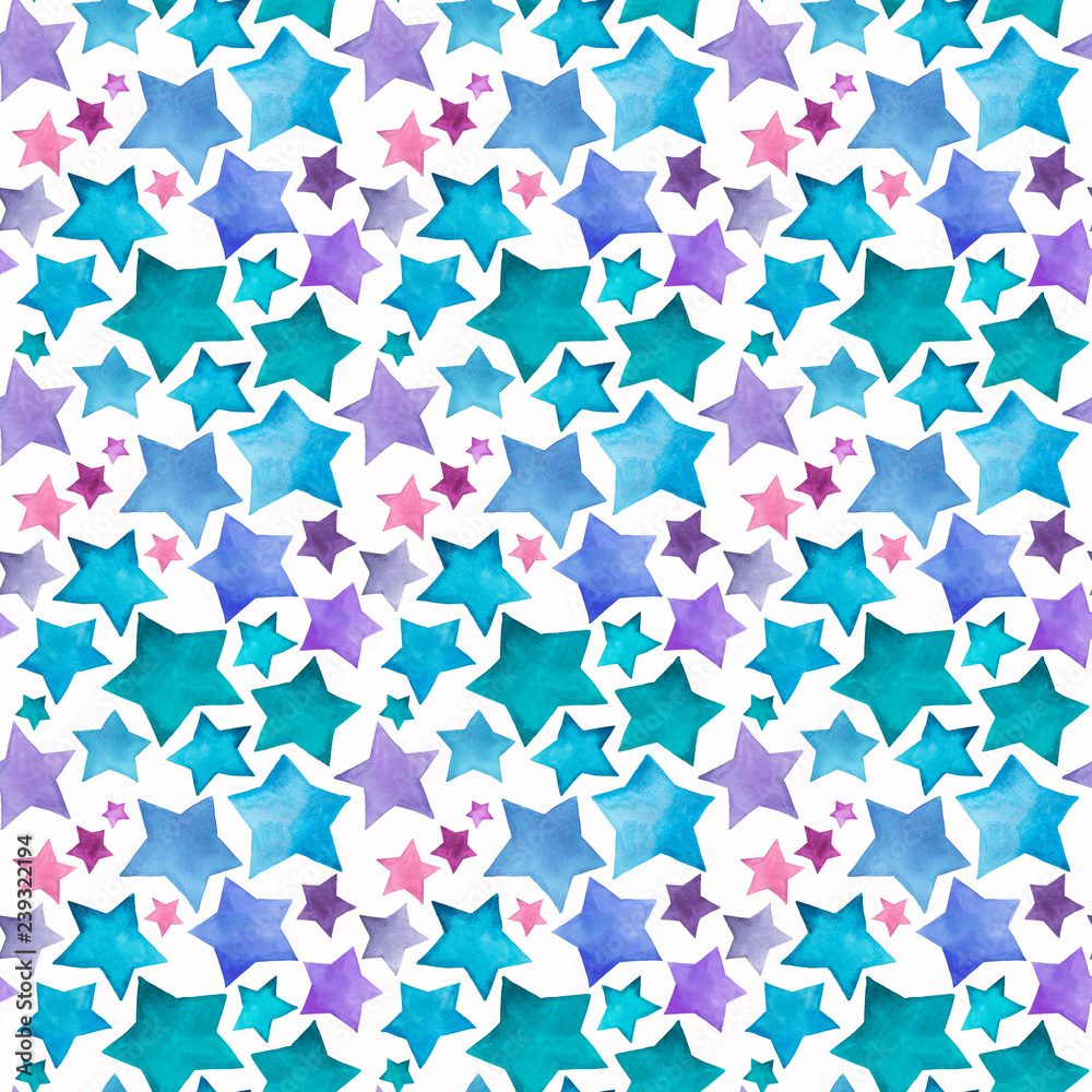 Beautiful lovely cute wonderful graphic bright artistic blue purple stars pattern watercolor hand sketch. Perfect for textile, wallpapers, invitation, wrapping paper