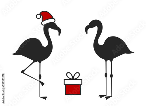 Two Christmas flamingo birds, Santa hat and present.