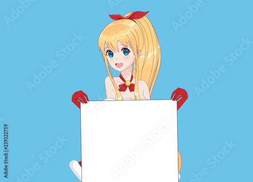 Japanese Asian woman holding white big sign board