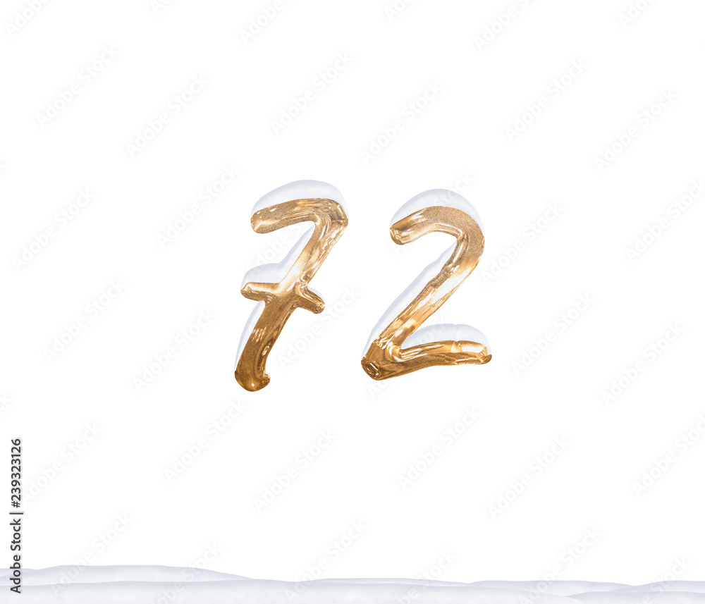 Gold Number 72 with Snow on white background Gold Number 72 with Snow on white background