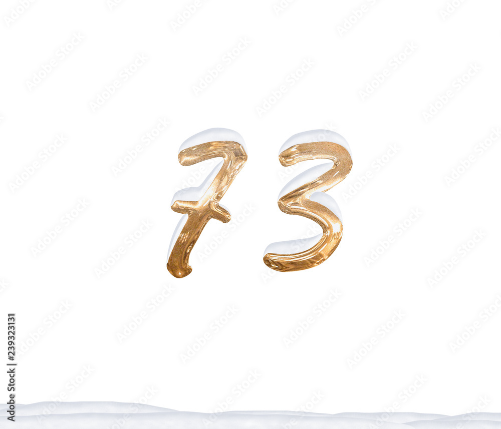 Gold Number 73 with Snow on white background Gold Number 73 with Snow on white background