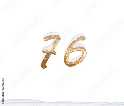 Gold Number 76 with Snow on white background