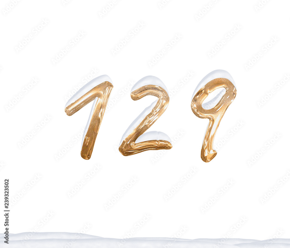 Gold Number 129 with Snow on white background Gold Number 129 with Snow on white background