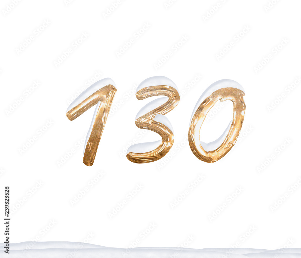 Gold Number 130 with Snow on white background Gold Number 130 with Snow on white background
