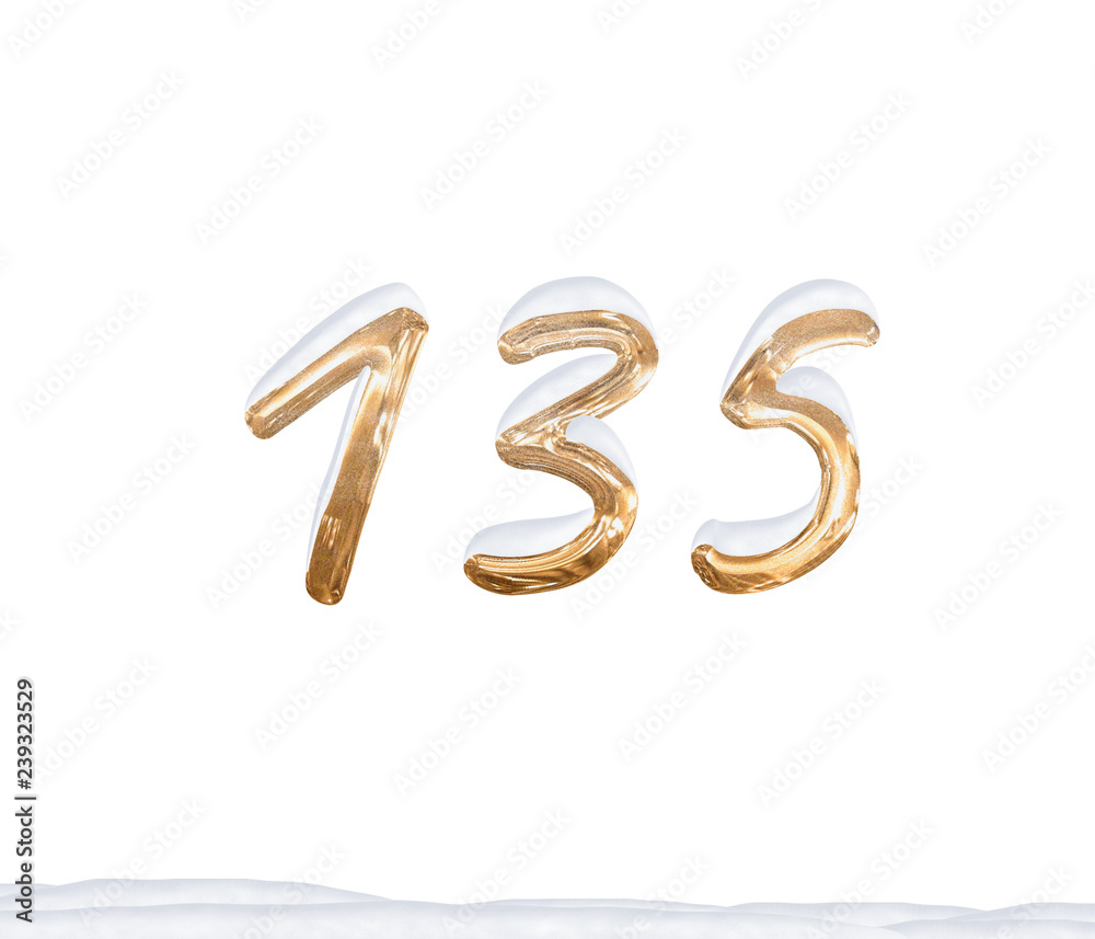 Gold Number 135 with Snow on white background Gold Number 135 with Snow on white background