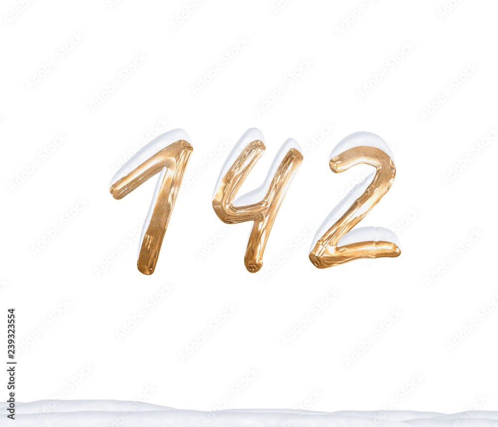 Gold Number 142 with Snow on white background Gold Number 142 with Snow on white background