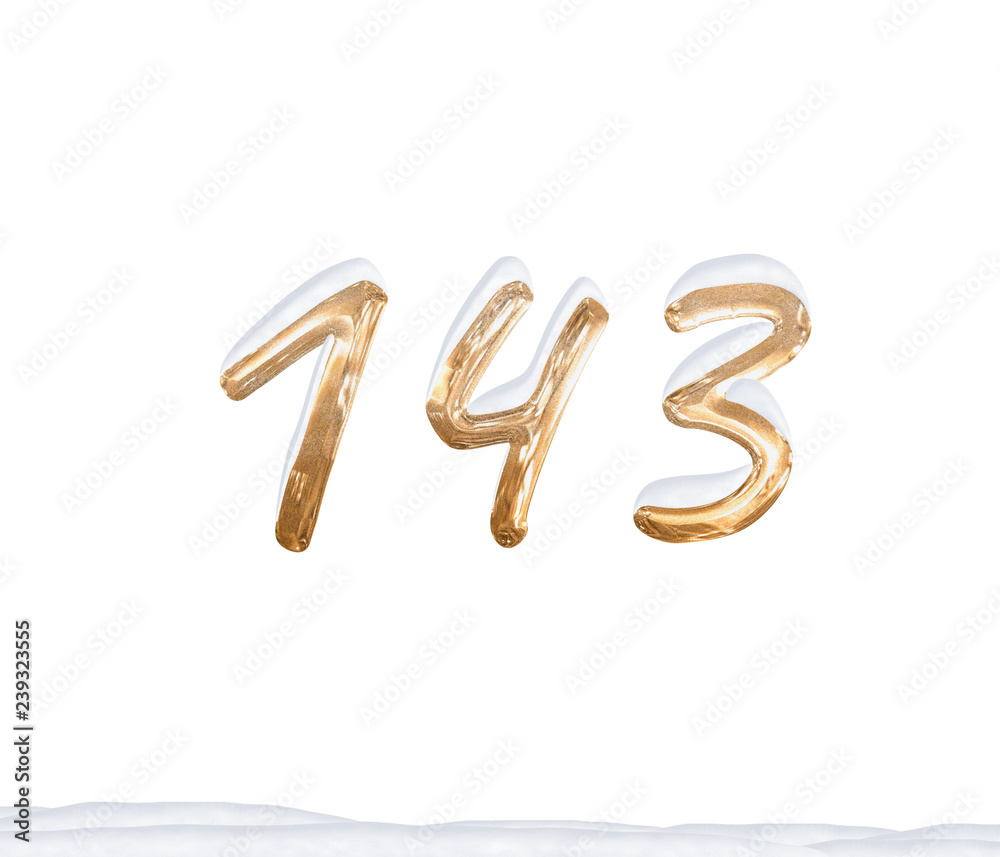 Gold Number 143 with Snow on white background Gold Number 143 with Snow on white background