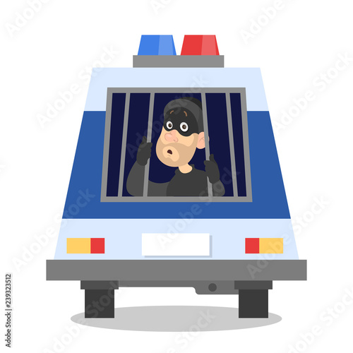 Sad thief in police car. Arrest of criminal
