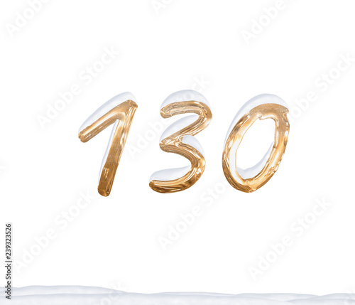 Gold Number 130 with Snow on white background