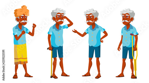 Indian Old Man Poses Set Vector. Elderly People. Senior Person. Aged. Friendly Grandparent. Hindu. Asian. Banner, Flyer, Brochure Design. Isolated Cartoon Illustration