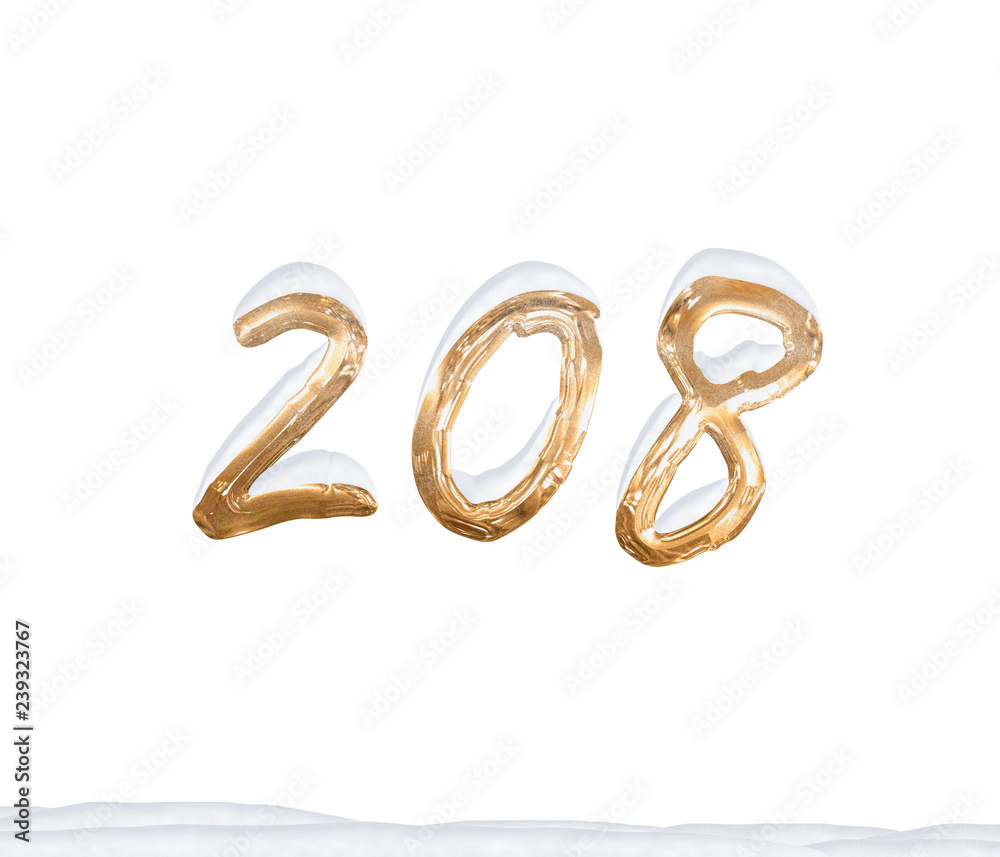 Gold Number 208 with Snow on white background Gold Number 208 with Snow on white background