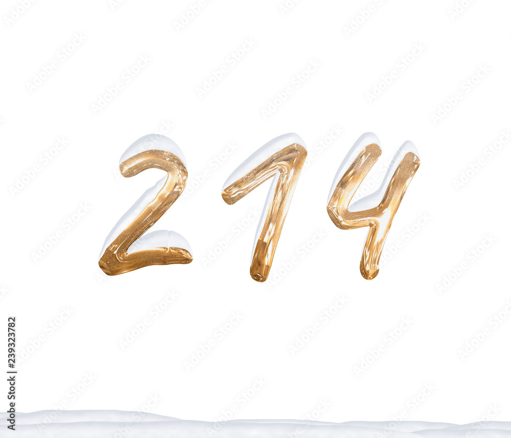 Gold Number 214 with Snow on white background Gold Number 214 with Snow on white background
