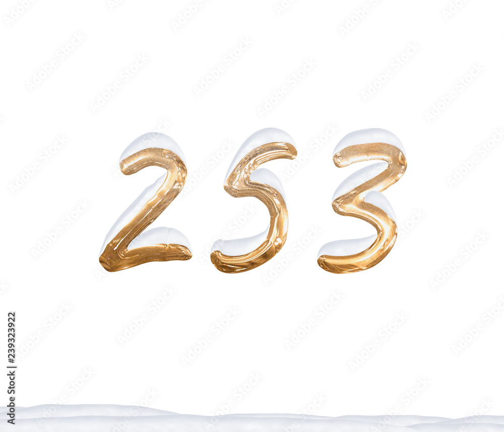 Gold Number 253 with Snow on white background Gold Number 253 with Snow on white background