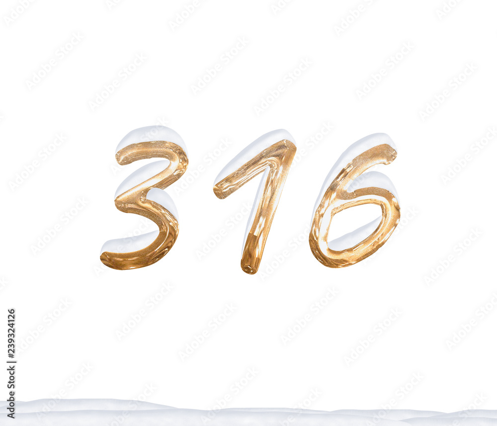 Gold Number 316 with Snow on white background