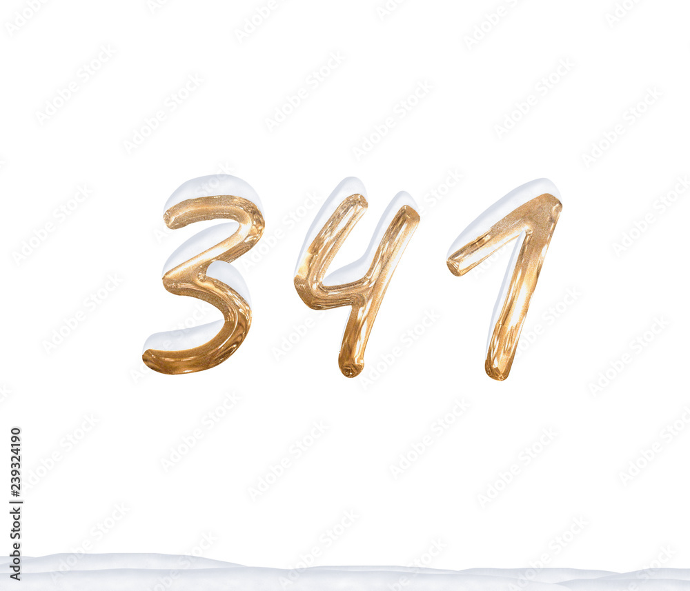 Gold Number 341 with Snow on white background Gold Number 341 with Snow on white background