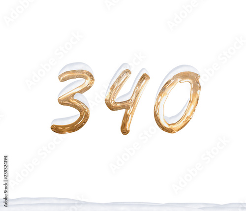 Gold Number 340 with Snow on white background