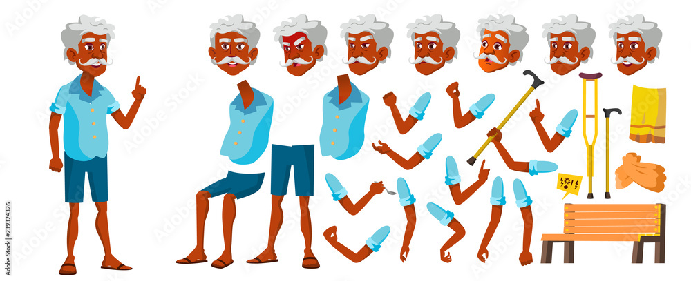 Indian Old Man Vector. Senior Person Portrait. Elderly People. Aged. Animation Creation Set. Face Emotions, Gestures. Hindu. Asian. Lifestyle. Advertising. Animated. Isolated Cartoon Illustration