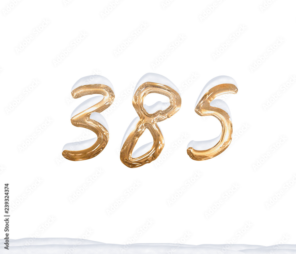 Gold Number 385 with Snow on white background Gold Number 385 with Snow on white background