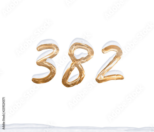 Gold Number 382 with Snow on white background